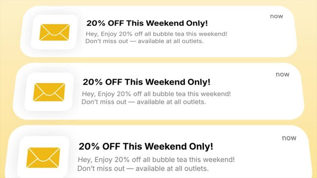 20% Off This Weekend Only animation of a modern email notification. Ideal for digital marketing, app interfaces, sales, and modern communication concepts.