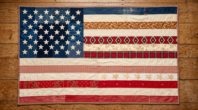 Quilted american flag made of various vintage fabric patterns and textures