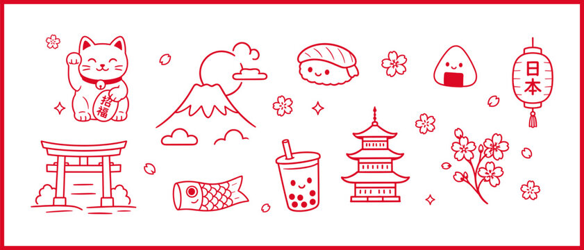 Cute Japan kawaii doodle collection with sushi, sakura and lucky cat elements. Ideal for posters, stickers and travel designs.