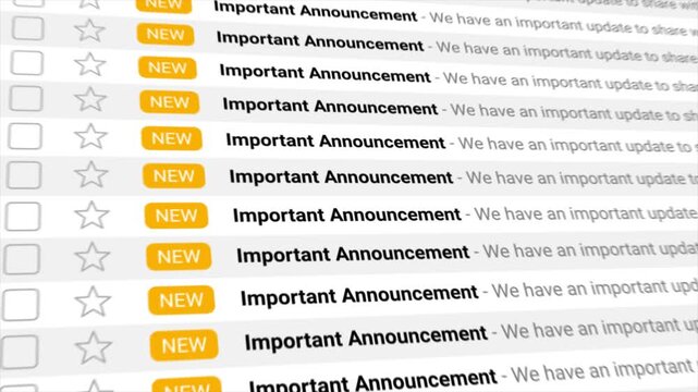 Important Announcement messages scroll continuously across a digital screen in an animated display. Perfect for urgent news, updates, and communication themes in business.