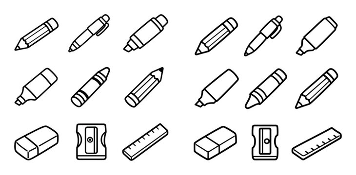 School and stationery design icons with pencil, marker and ruler for children's coloring picture in outline style