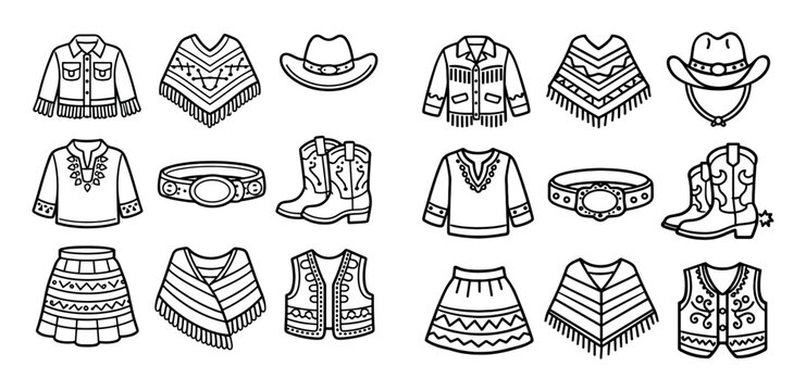 Western and cowboy children's coloring picture with hat, boots and jacket for print design in outline style
