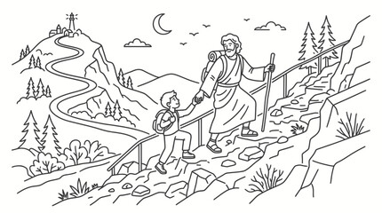 Obraz premium Jesus Christ guiding a young child up a mountain path.