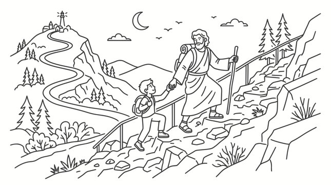 Jesus Christ guiding a young child up a mountain path.