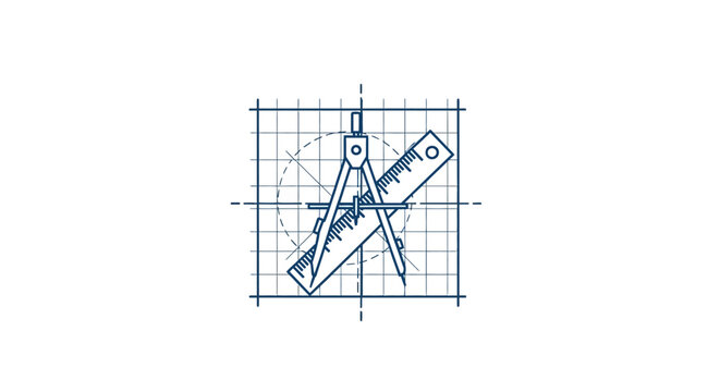 A technical drawing showing a drafting compass and a ruler on a grid background