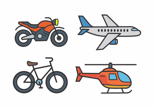 Modern Transportation Icons Set with Motorcycle Airplane Bicycle and Helicopter Vector Illustration