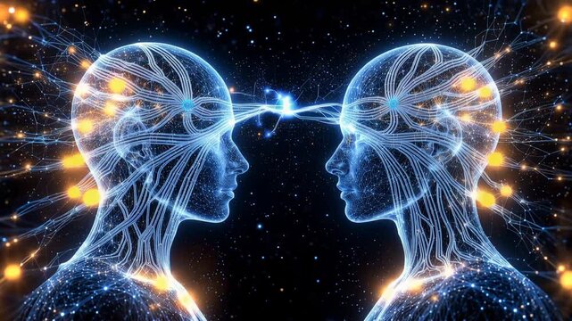 Conceptual illustration of telepathic communication between two human minds connected by glowing neural networks 4k video