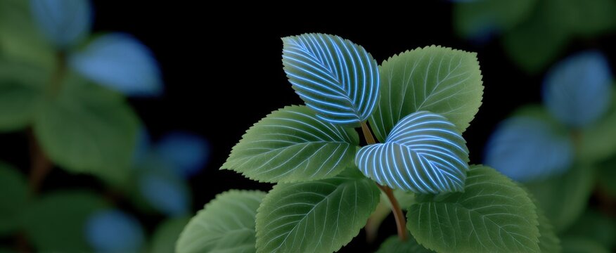 Desain spiral biru cerah berkilau seperti langit malam dengan garis dan daun biru neon