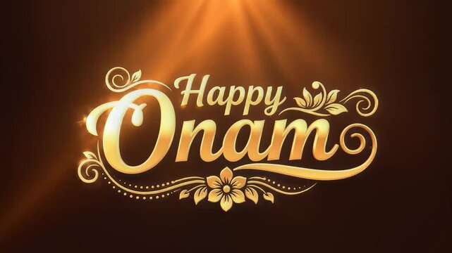 Golden happy onam text animation with decorative floral flourishes. 4K Video