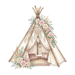 Boho Chic Watercolor Teepee Tent with Floral and Macrame Decor © Rizky