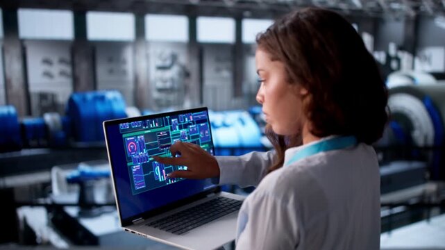 Engineer Carefully Inspects Power Plant Engine Using Laptop