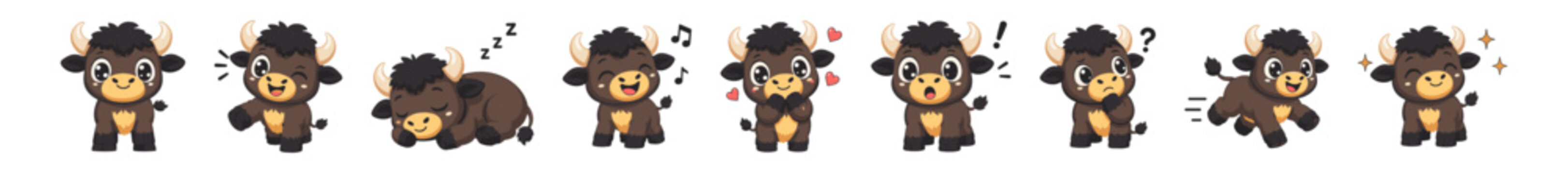 Adorable kawaii bull characters with different emotions. Great for zodiac designs, stickers, nursery decor and festive projects.