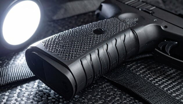 Close-up of a textured black polymer handgun grip with a non-slip pattern for enhanced control
