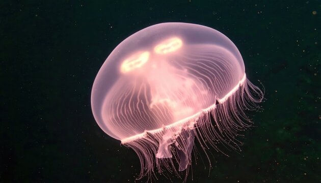 Bioluminescent Moon Jellyfish Pulsing Gracefully in Dark Ocean Depths