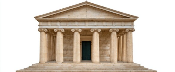 Naklejka premium Isolated Greek temple featuring a Doric facade in beige limestone on a white background