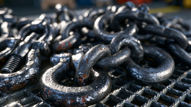 Steel shackle hardware scattered pile on galvanized deck grating, bow shackles and dee shackles tangled with swivel eyes, zinc coating flaking at thread interfaces, marine rigging components in chao