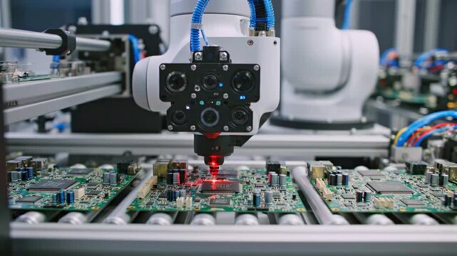 Automated camera scanning circuit boards close-up on conveyor in electronics manufacturing line for optical inspection, quality control, pcb assembly verification, and industrial automation workflow