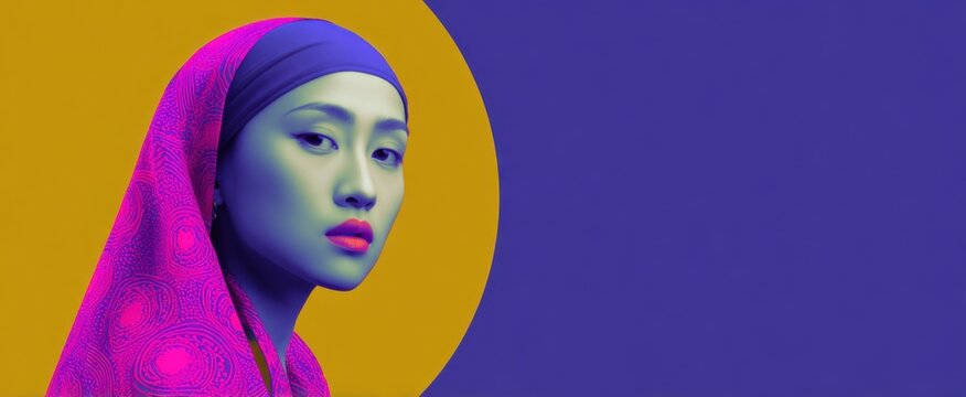 Colorful abstract art featuring an Asian woman in a modern headscarf showcasing cultural expression Generative AI