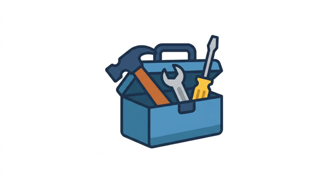 Blue toolbox with various hand tools inside for repair and construction.
