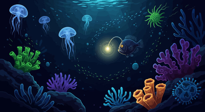 Anglerfish with bioluminescent lure in deep ocean illustration.