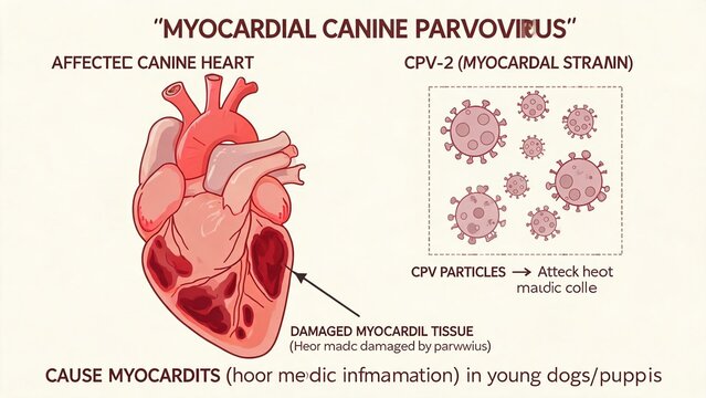Myocardial Canine Parvovirus (CPV-2) Infographic, Damaged Canine Heart Tissue and Virus Particles Causing Myocarditis in Puppies