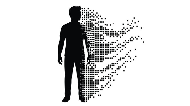 Black silhouette of a man dissolving into many small square pixels on a white background