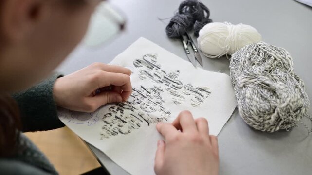 Close up of hands working with textile samples or fabric swatches on a design table, showing attention to detail in material selection and fabric composition
