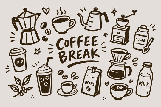Coffee Break Doodle Sketch Set Vector