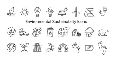 Fototapeta premium Comprehensive Collection of Minimalist Line Icons Representing Environmental Sustainability, Eco-Friendly Living, and Green Energy Solutions