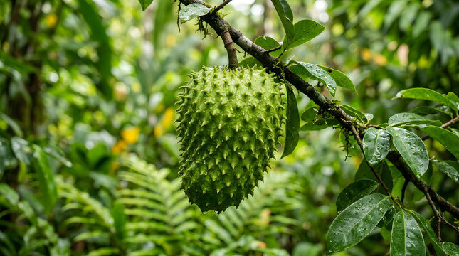 Fresh Soursop Hanging on Tropical Tree