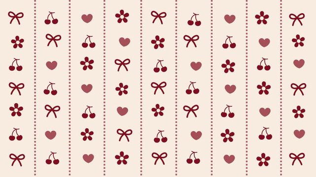 4k footage animation of coquette filled with cherries, heart, ribbon, in red color giving sweet, feminine look. Playful trendy coquette bow pattern with cream/ white background and classic preppy vibe