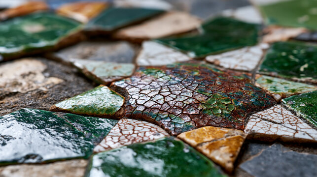 Aged Moroccan zellige tile mosaic surface detail, hand-cut ceramic fragment irregular edges assembled in traditional geometric star repeat, fired glaze crackle network visible, historic architectura