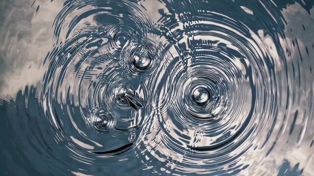 Water surface with ripples and circular waves expanding outward from multiple points, reflecting clouds above in a serene outdoor setting