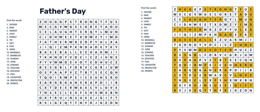 Father's Day word seek puzzle with highlighted answers  