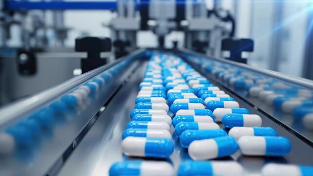 Blue and white capsules moving on conveyor close-up pharmaceutical production line for medicine sorting, dosage handling, quality control, packaging workflow, and healthcare manufacturing operations
