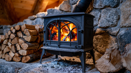Naklejka premium Cast iron wood-burning stove inside a stone-walled mountain refuge, soot-blackened flue pipe disappearing into vaulted ceiling, split firewood stacked in precise rows beside ash-dusted hearth, amber