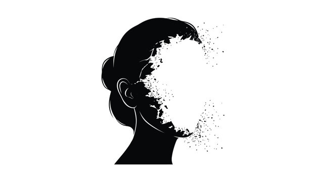 Surreal silhouette of a woman with a dissolving face depicted in bold high contrast ink style