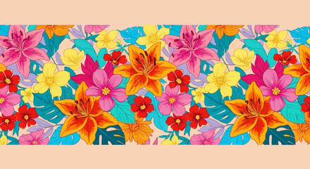 Vibrant tropical floral seamless border pattern. Colorful exotic summer flowers and lush green foliage on a soft background, perfect for spring, summer, and botanical designs © Simon