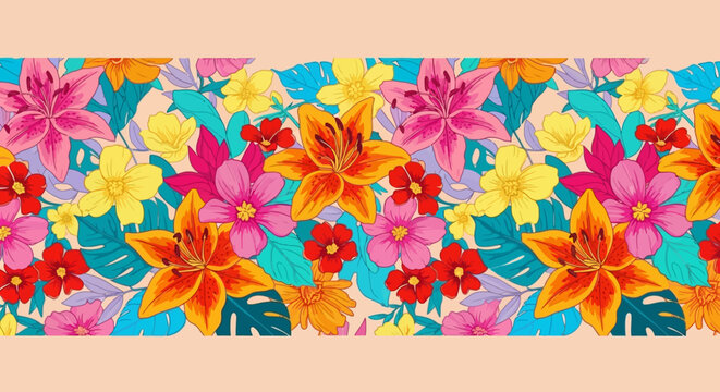 Vibrant tropical floral seamless border pattern. Colorful exotic summer flowers and lush green foliage on a soft background, perfect for spring, summer, and botanical designs
