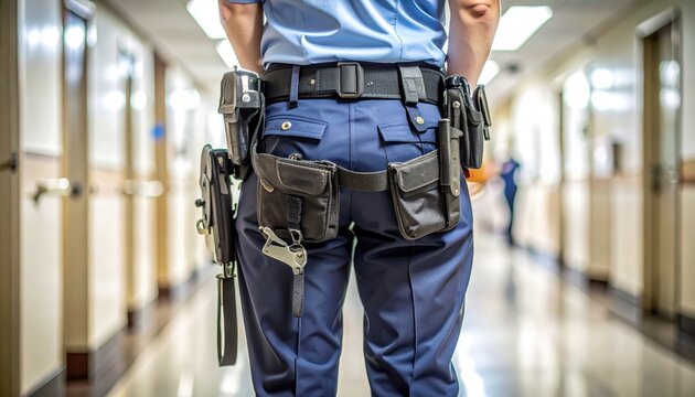 Close-up view of a police officer's duty belt equipped with handcuffs, holster, and pouches