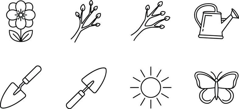 Line of gardening tools and nature including flowers, sun, and butterfly line gardening tools trowel