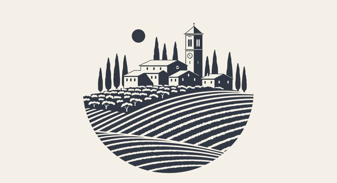 Tuscan countryside landscape with vineyard and village, rural scenery background