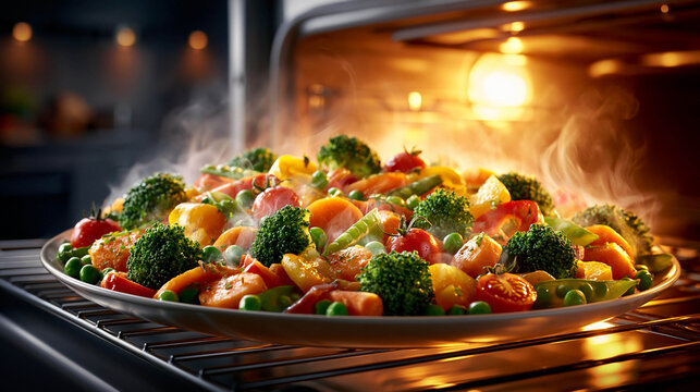 Close-up of a frying pan with vegetables (broccoli, cherry tomatoes, peas, and carrots) in the oven &mdash; a fresh and healthy cooking scene with steam.