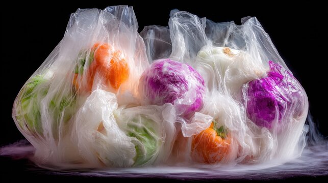 Fresh produce, including vibrant cabbages and peppers, is contained within translucent, crinkled shopping bags against a dark background.