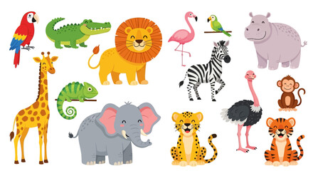 Obraz premium Colorful zoo animals, safari icons, wildlife illustrations, educational background