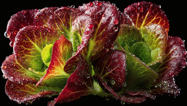 Fresh red lettuce leaves with dew drops.