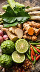 Fototapeta premium Fresh kaffir lime, turmeric root, lemongrass, chili peppers, shallots, and herbs on wooden board