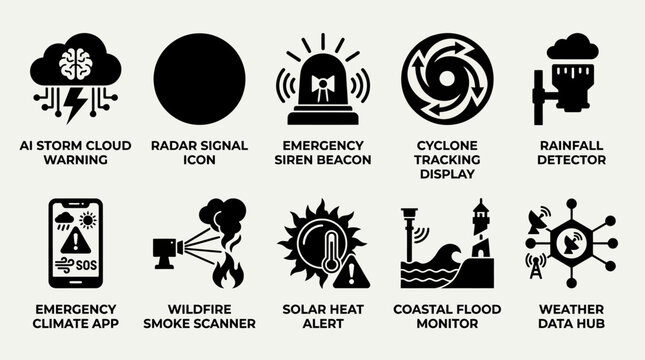 Minimal flat silhouette icon pack featuring futuristic weather alert technology  AI storm cloud warning  radar signal icon  emergency siren beacon  cyclone tracking display  rainfall detector  emergen