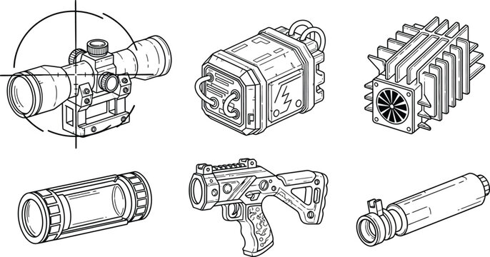 Line of six night vision device components, including scopes and objectives line technical optical devices