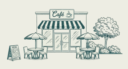 Naklejka premium Cafe exterior with outdoor seating, restaurant concept, food service background